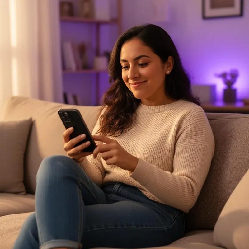 Mujer feliz jugando lotería con GetLucky